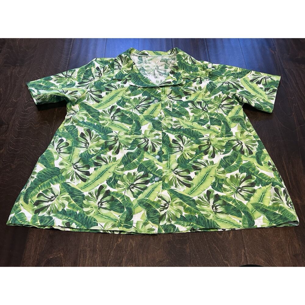 Women‎ Handmade Fabric Short Sleeve Tropical Leaves Vacation Button Shirt